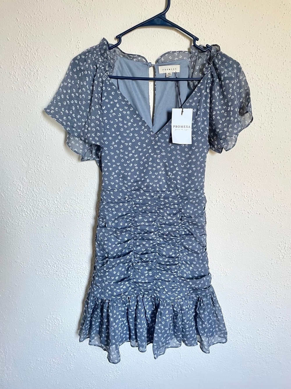 Promesa Dusty Blue Mini Dress with White Floral Print